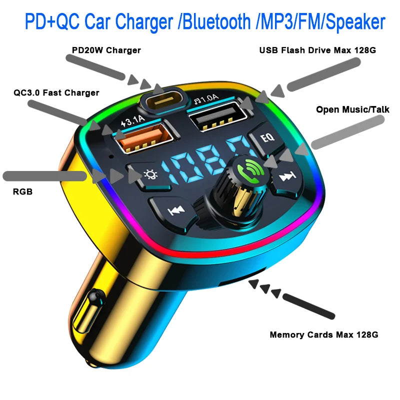 Adaptador Bluetooth FM Pro con Luces RGB - Carga Rápida Dual
